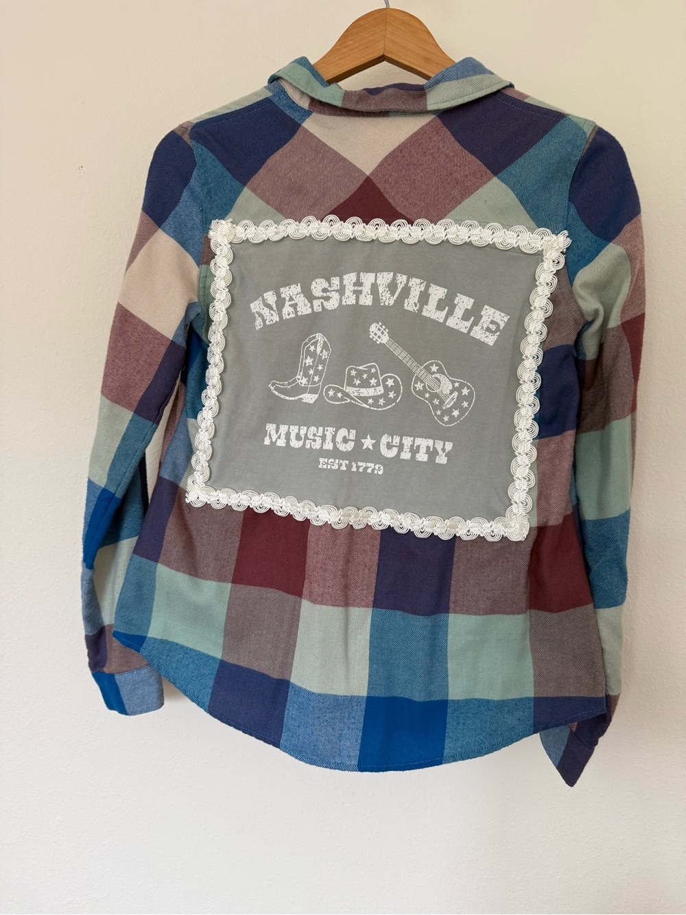 Maurices Button-Down Flannel Blue, Teal, Burgundy, Cream with Nashville Graphic